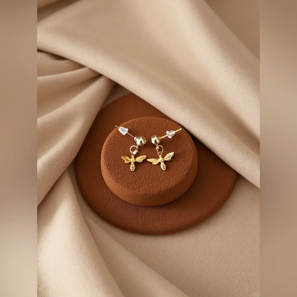 Tiny Gold Toned Bee Drop Earrings - Dainty Honeybee Charms Teeny Tiny